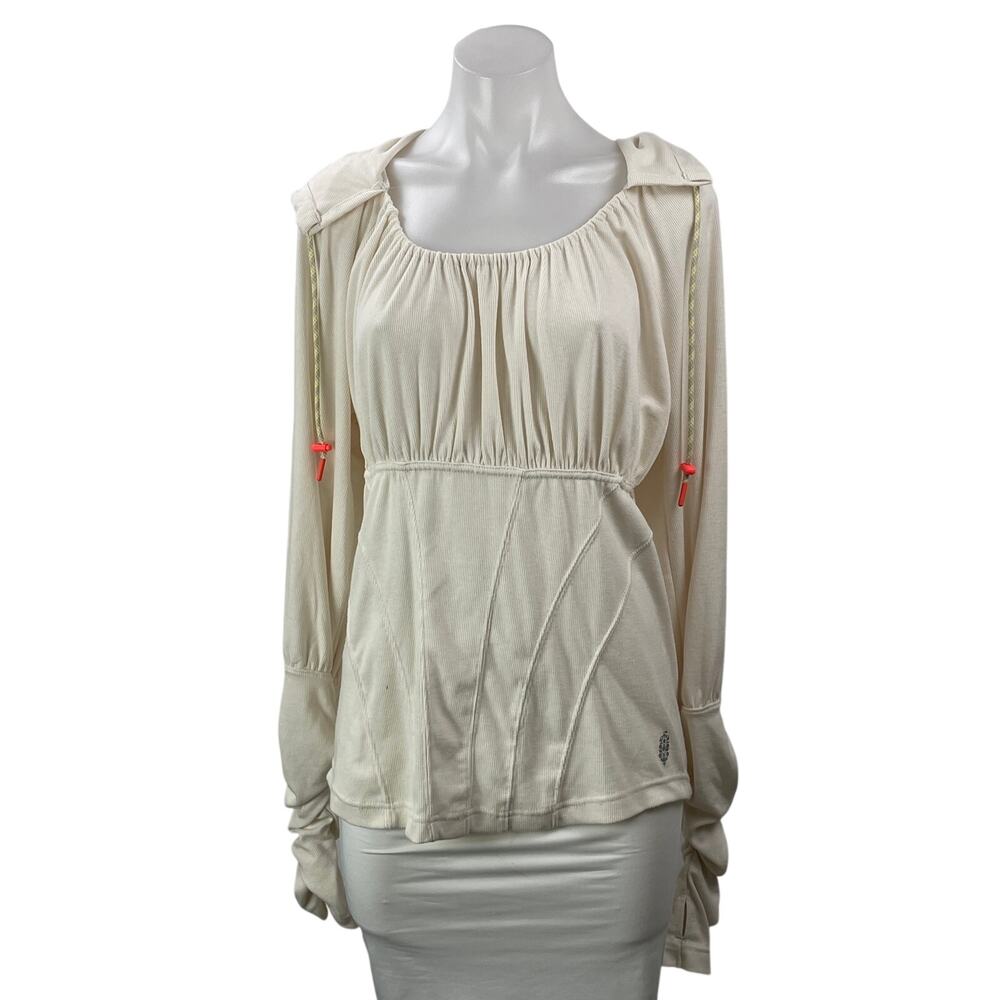 Free People Look Within Layer Cream Long Sleeve Ruched Hoodie Hooded Top Size L